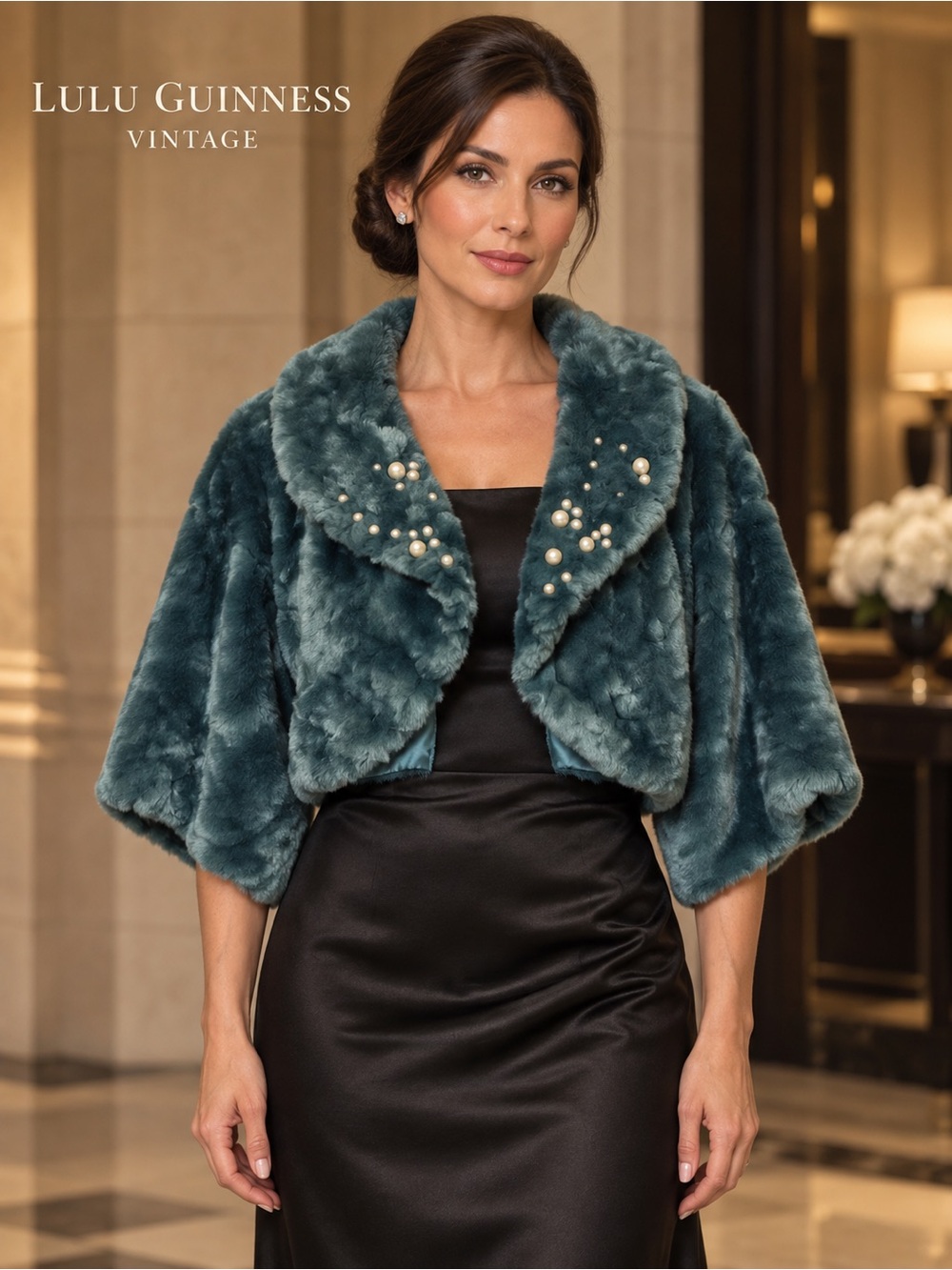 Vintage Lulu Guinness Emerald Faux Fur Pearl Collar Bolero Shrug Est. Medium